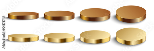 Metal platform, podium of golden color, round stage for product presentation. Shiny metallic gold display, scene 3d render stand