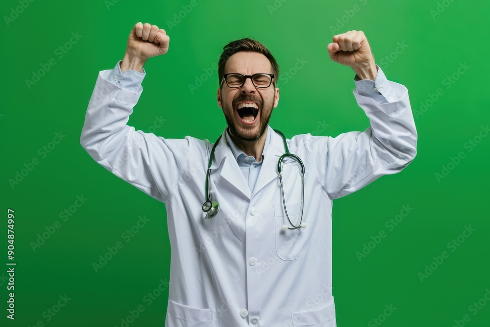 Successful Surgery Celebration - Joyful Doctor in White Coat and Stethoscope with Raised Hands, Vibrant Green Background. Copy space on the right.