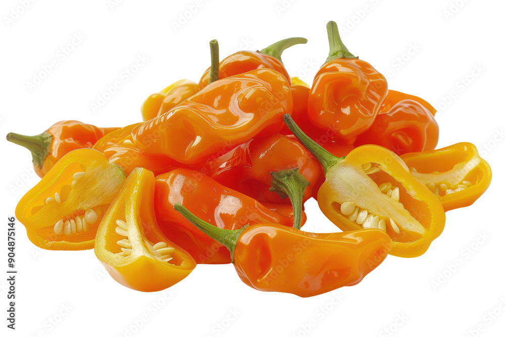Arrangement of hot orange and yellow habanero peppers radiating heat, isolated on white background. Arrangement of hot orange and yellow habanero peppers radiating heat, isolated on white background.