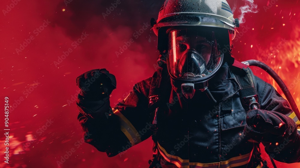 Brave Firefighter in Full Gear Ready to Tackle Blaze | Isolated Background in Bold Red - Copy Space for Text and Design Elements Brave Firefighter in Full Gear Ready to Tackle Blaze | Isolated Background in Bold Red - Copy Space for Text and Design Elements