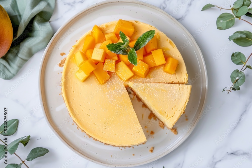 Fresh Mango Cheesecake on a Plate with Mint Garnish Fresh Mango Cheesecake on a Plate with Mint Garnish