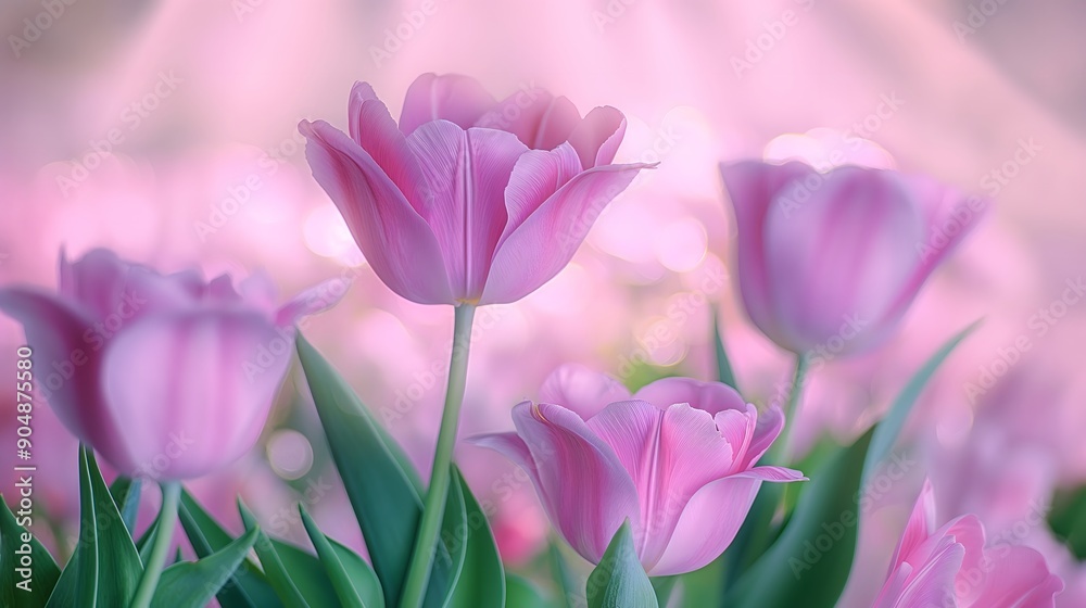 Obraz premium After the rain in the valley,tulips with purple flowers bloom against a green background.