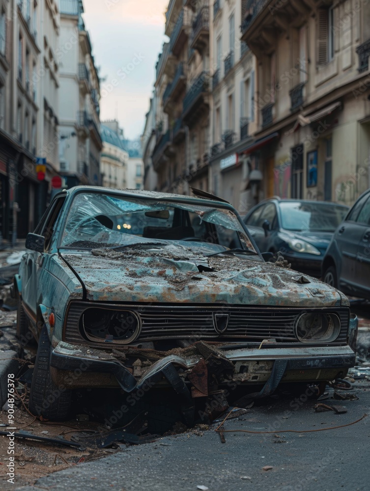 A car after an accident on the road. A damaged crashed car. A road accident A car after an accident on the road. A damaged crashed car. A road accident