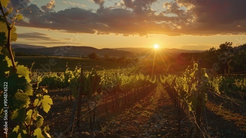 Sunset over vineyard field