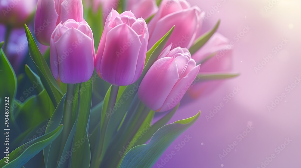 Obraz premium Delicate pink tulips are illuminated by a soft, natural light, creating an almost ethereal aura around each flower.