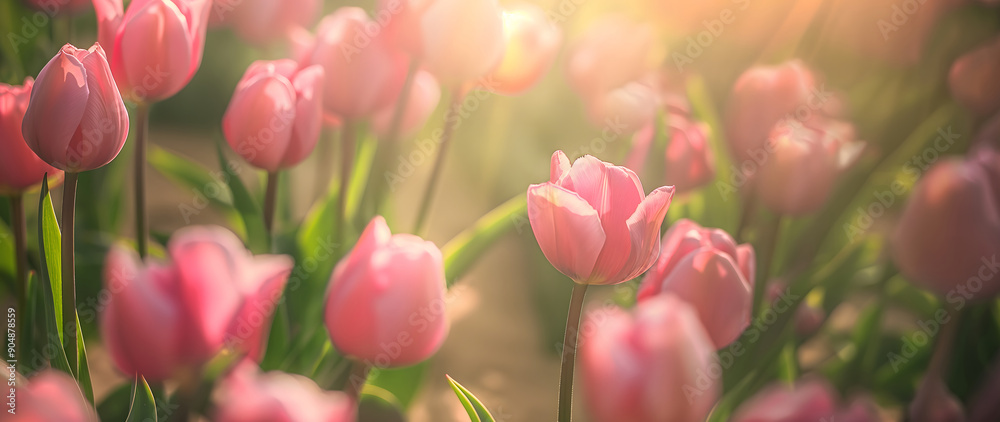 Delicate pink tulips are illuminated by a soft, natural light, creating an almost ethereal aura around each flower. Delicate pink tulips are illuminated by a soft, natural light, creating an almost ethereal aura around each flower.