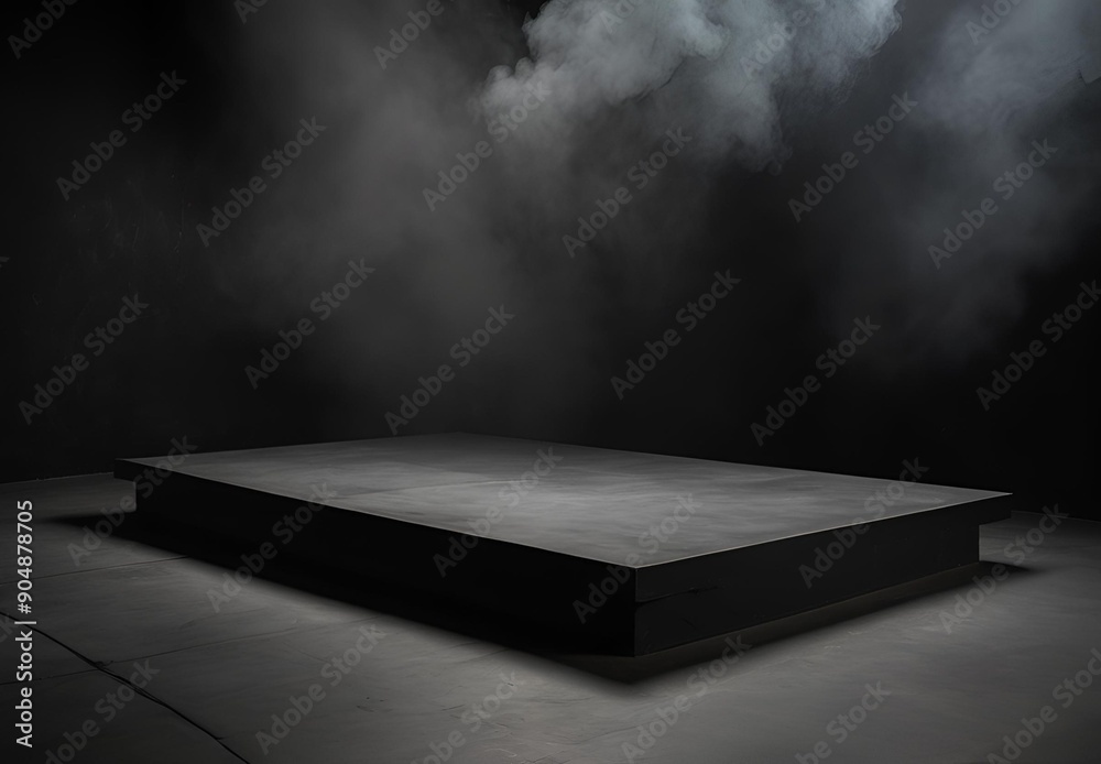 podium for product presentation with a black background and smoke creates a dramatic and stylish setting. podium for product presentation with a black background and smoke creates a dramatic and stylish setting.