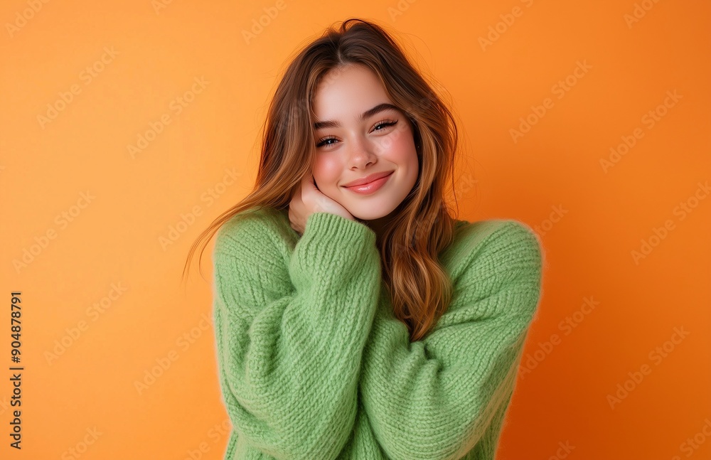 Joyful young woman in green sweater, standing alone on orange background, hugging herself and smiling Joyful young woman in green sweater, standing alone on orange background, hugging herself and smiling
