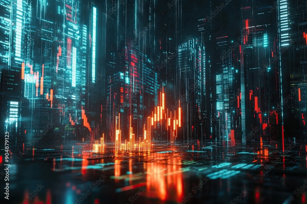 Abstract cityscape with glowing digital data lines and bars Abstract cityscape with glowing digital data lines and bars