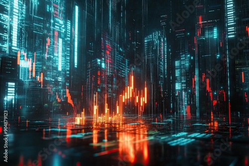Wallpaper Mural Abstract cityscape with glowing digital data lines and bars Torontodigital.ca