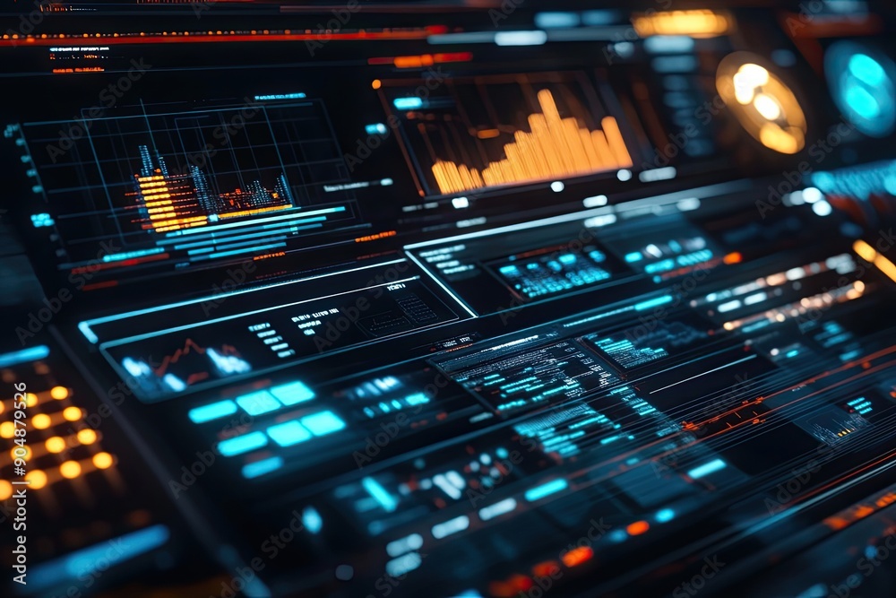 Futuristic digital interface with glowing lines and graphs. Futuristic digital interface with glowing lines and graphs.