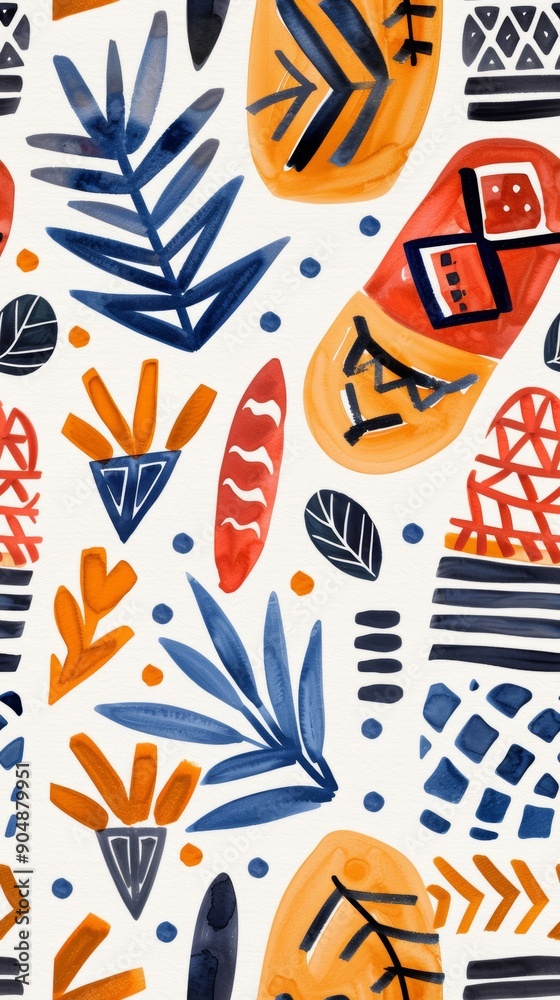 The seamless pattern features tribal patterns displayed in bold contrasting colors and a watercolor style. The seamless pattern features tribal patterns displayed in bold contrasting colors and a watercolor style.