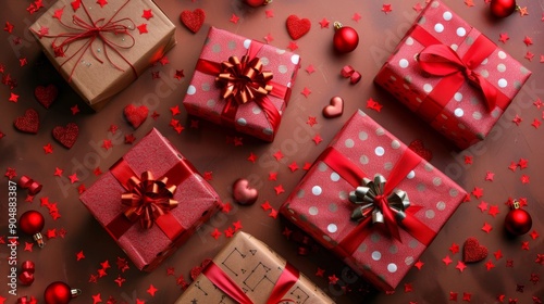 Festive Red Gift Boxes and Hearts on a Rich Brown Backdrop