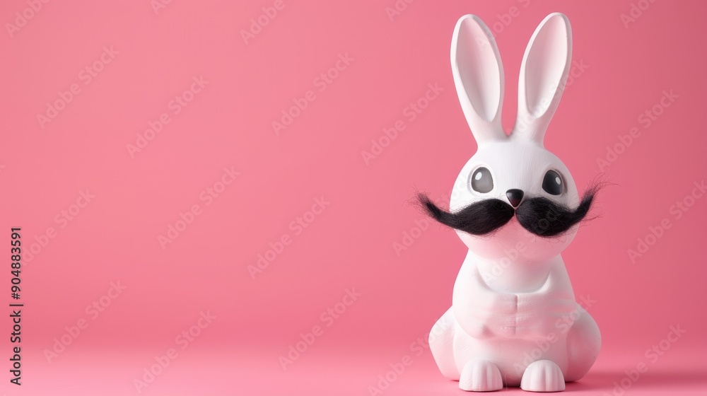 Minimalistic Easter bunny with black mustache on pink backdrop Minimalistic Easter bunny with black mustache on pink backdrop