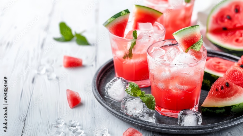Refreshing Watermelon Juice with Ice and Mint on White Wood Table Refreshing Watermelon Juice with Ice and Mint on White Wood Table