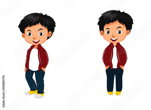 Smiling boy hand in pocket with two different standing styles.ai