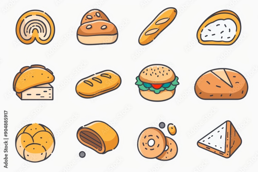Bread loaves icon, bakery products set, flat minimal pastry collection, baked buns, baguettes symbols Bread loaves icon, bakery products set, flat minimal pastry collection, baked buns, baguettes symbols