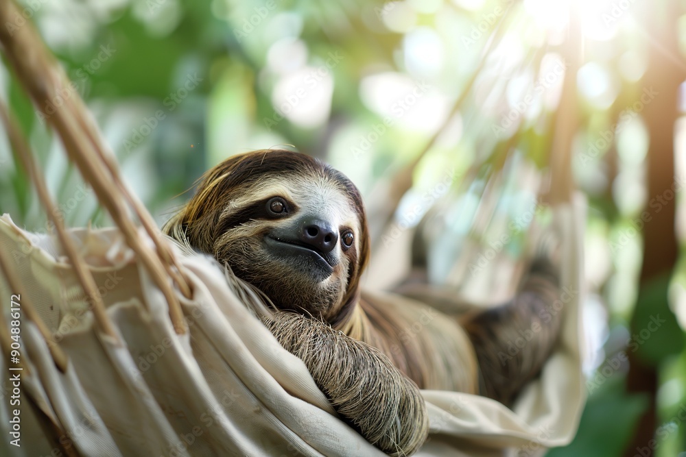 Smiling sloth chilling in hammock among lush greenery Smiling sloth chilling in hammock among lush greenery