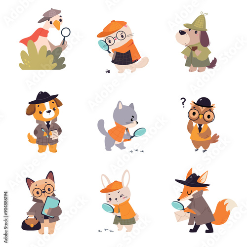 Animal Detective Character Investigating and Search for Evidence Vector Set