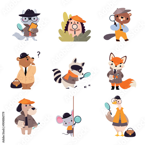 Animal Detective Character Investigating and Search for Evidence Vector Set