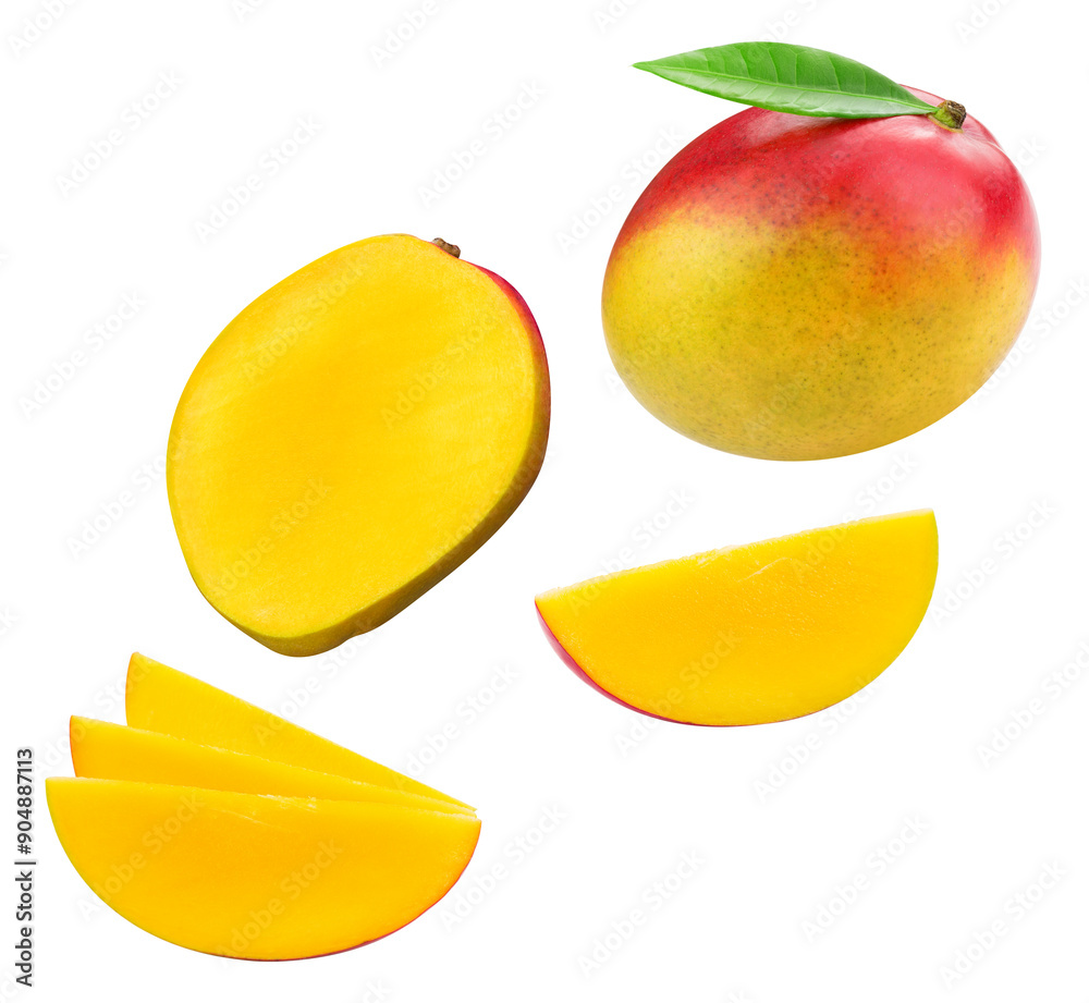 Mango fruit and leaves isolated on a white background. Mango with leaves clipping path. Flying in air mango Mango fruit and leaves isolated on a white background. Mango with leaves clipping path. Flying in air mango
