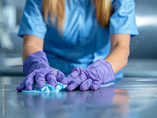 Close-up of table cleaning by a woman in blue shirt and purple gloves, light grey background, soft shadows, and professional color grading.