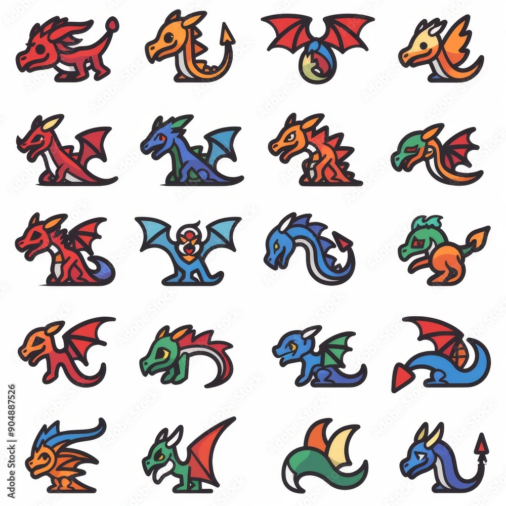 Obraz premium Dragons icon silhouette, dino, wyvern symbols, dinosaurs isolated, mythical monster, minimal flat tattoo
