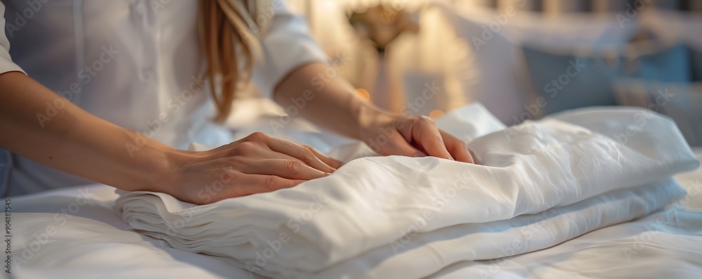 Close-up of white linen being folded by female hands, focus on hands with a soft-focus hotel room background. Close-up of white linen being folded by female hands, focus on hands with a soft-focus hotel room background.