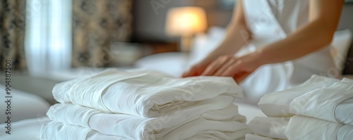 Close-up of white linen being folded by female hands, focus on hands with a soft-focus hotel room background.