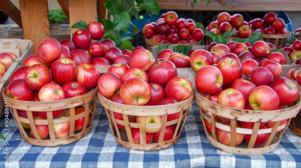 Fresh Red Apples in Baskets at Farmers Market Display Fresh Red Apples in Baskets at Farmers Market Display