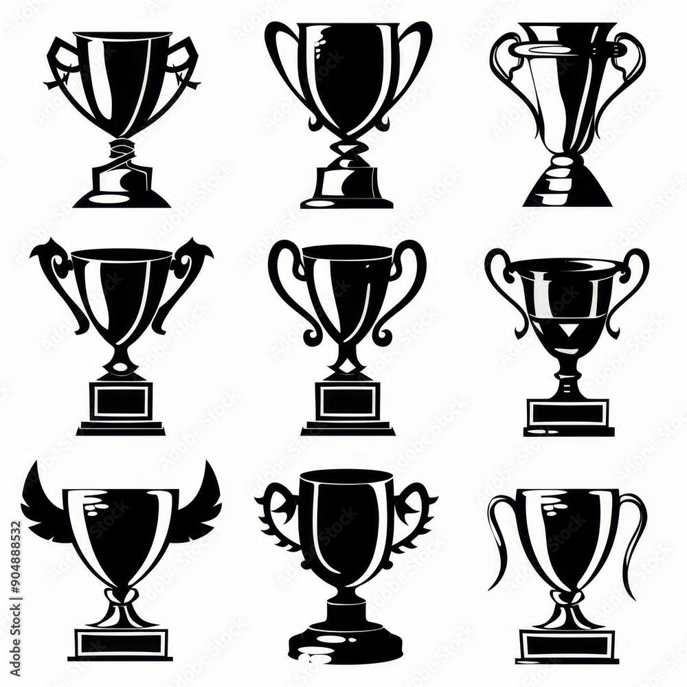 Trophy cups, golden goblet, silver reward, champion bowls. Contest winner award collection, prize cup