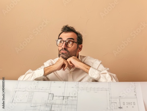 Creative Architect Masterminding New Building Design with Blueprints in Hand, Isolated on Soft Beige Background for Copyspace Above photo