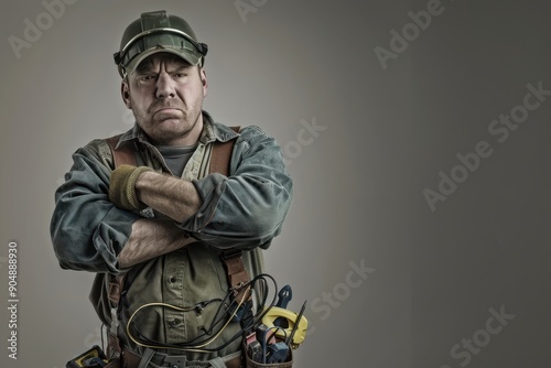 Frustrated Electrician Dealing with Wiring Issue in Isolated Grey Background - Copyspace for Text | Concept of Irritation and Problem-solving in Electrical Work
