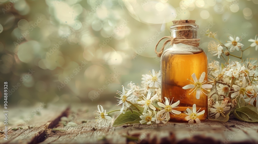 Natural Essential Oil Bottle with White Flowers on Wooden Table Natural Essential Oil Bottle with White Flowers on Wooden Table