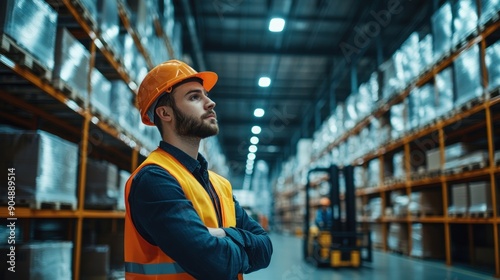 Workers in a large warehouse managing inventory with forklifts and digital scanners. The image captures the efficiency and organization required in logistics and supply chain management. The © Thanyaporn