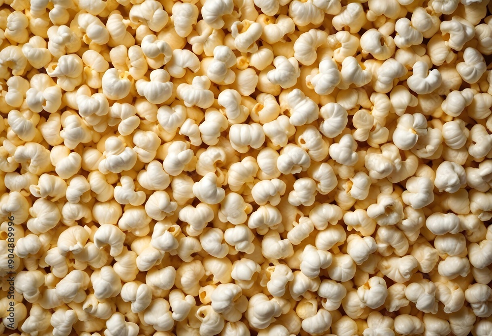 Popped corn kernels, showcasing a variety of shapes and white-yellowish colors as a crunchy texture background Popped corn kernels, showcasing a variety of shapes and white-yellowish colors as a crunchy texture background
