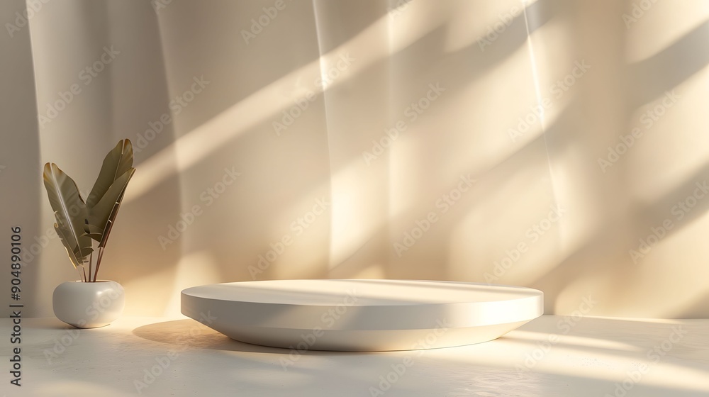 A minimalist interior featuring a round platform and a potted plant, bathed in soft sunlight and gentle shadows, creating a serene atmosphere. A minimalist interior featuring a round platform and a potted plant, bathed in soft sunlight and gentle shadows, creating a serene atmosphere.