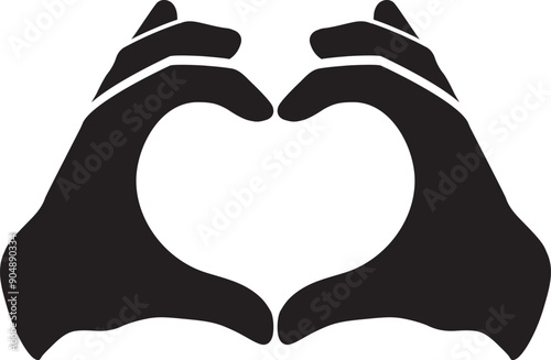 Two hands forming a heart shape. Hand silhouettes making a hand heart gesture. Black silhouettes on transparent background photo