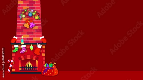 Christmas interior of the living room with fireplace and gifts.
 Animation, template.