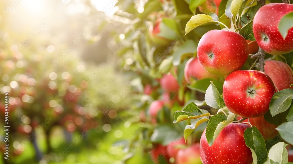 Close-up of ripe red apples hanging from a tree in a sunlit orchard, showcasing the freshness and abundance of the harvest season. Close-up of ripe red apples hanging from a tree in a sunlit orchard, showcasing the freshness and abundance of the harvest season.