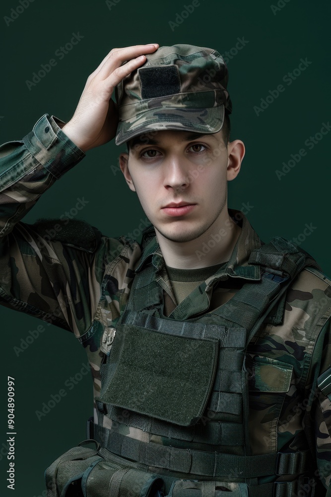 Soldier in Uniform Displaying Determination and Saluting - Dark Green Isolated Background for Text and Design Elements Soldier in Uniform Displaying Determination and Saluting - Dark Green Isolated Background for Text and Design Elements