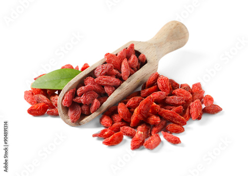 Scoop with dried goji berries isolated on white