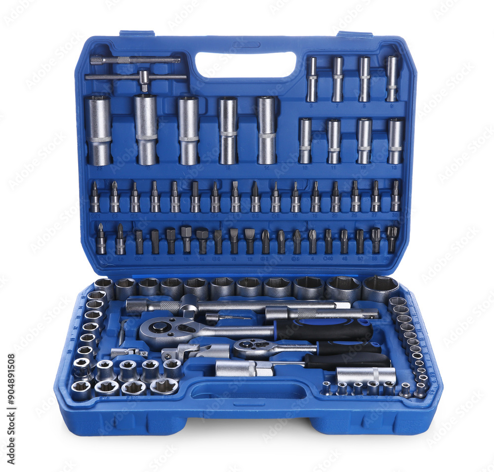 Set of auto mechanic's tools in box isolated on white Set of auto mechanic's tools in box isolated on white