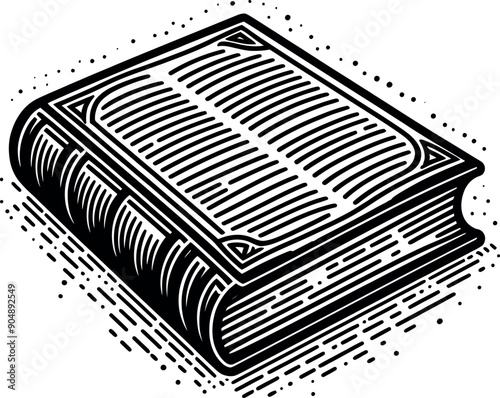 Black book silhouette in line art style, Hand-drawn vector drawing of book silhouette isolated on white background