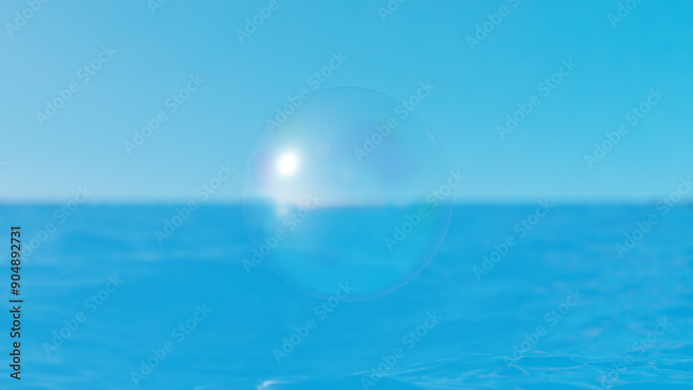 青い空と海浮かぶシャボン玉。背景素材。3D（横長）