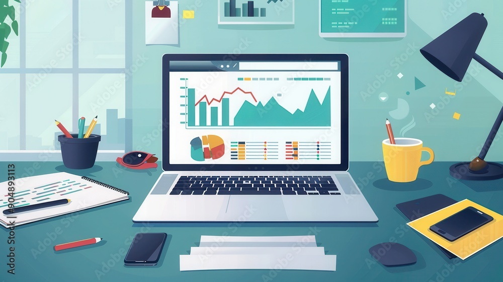 A modern home office features a laptop displaying financial data, surrounded by a smartphone, coffee cup, and documents with charts and graphs. Generative AI