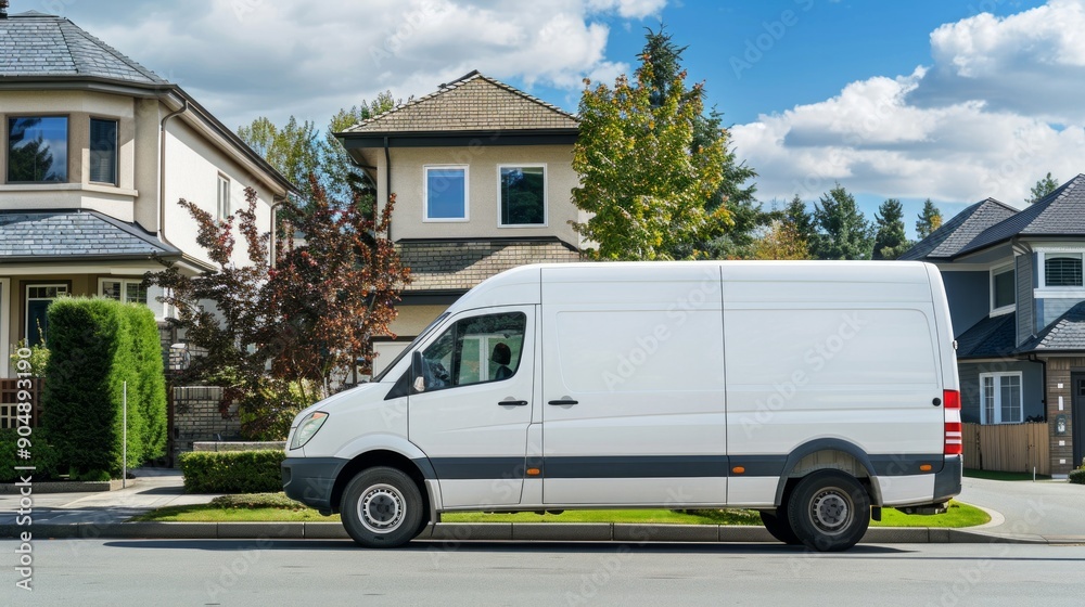 Fototapeta premium Commercial van delivers cargo to suburban custmers. Shipping parcels goods and orders in the countryside. Light duty truck