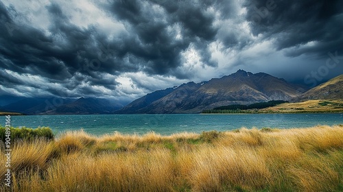 Dramatic skies over Lake Ohau photo