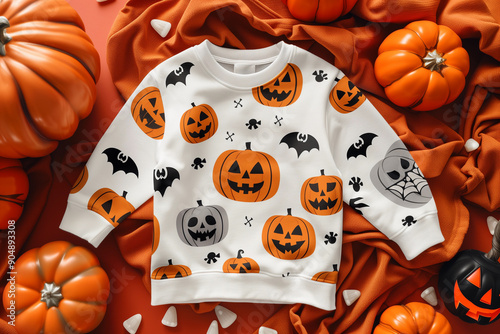 Halloween design kids sweatshirt or pajamas with a print of their ghosts and pumpkins photo