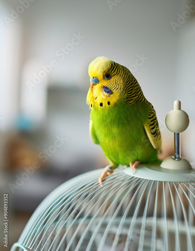 Green budgerigar bird on top of the cage in a blurred bright room